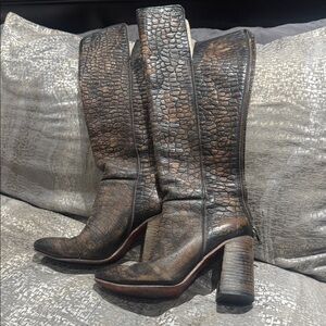 Freebird by Steven Croc-Embossed Heeled Boots - Brown, Jasper, 8